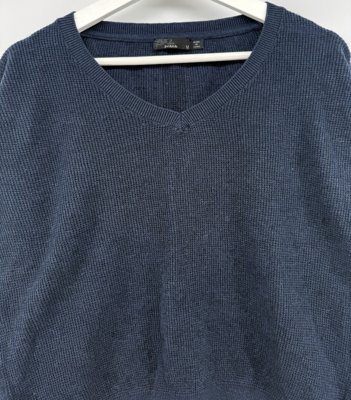 Prana Womens Medium Blue Waffle Knit Cropped V Neck Sweater Shirt