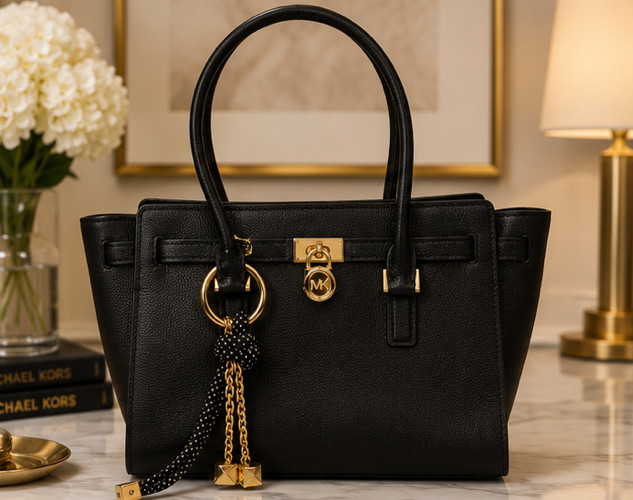 Michael Kors Hamilton Moderne Large Black Leather Tote Gold Lock MK Charm