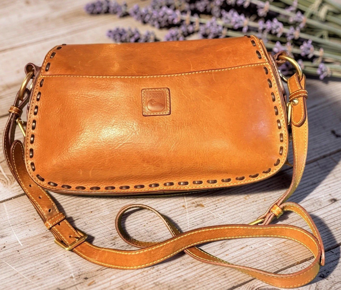 Dooney Bourke Brown Florentine Vacchetta Leather Saddle Messenger Shoulder Bag