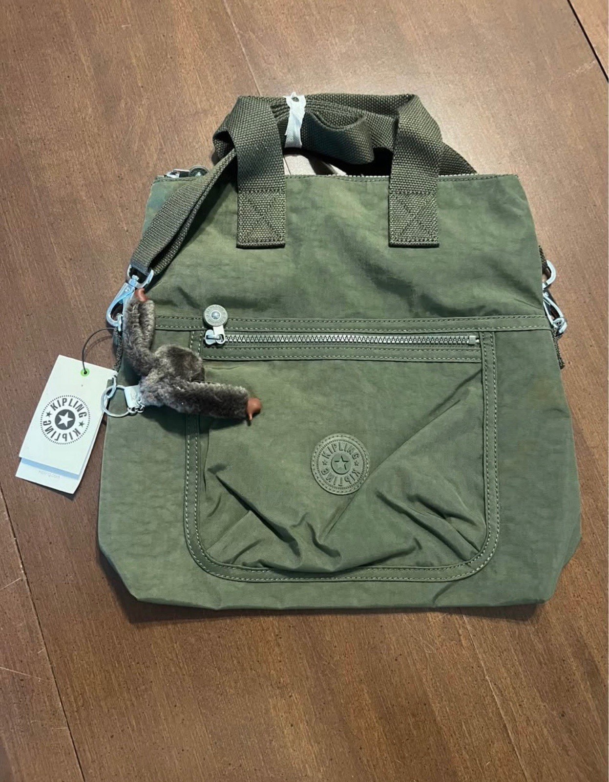Kipling Women’s Green Tote Bag Zip Closure Shoulder Strap Monkey Charm