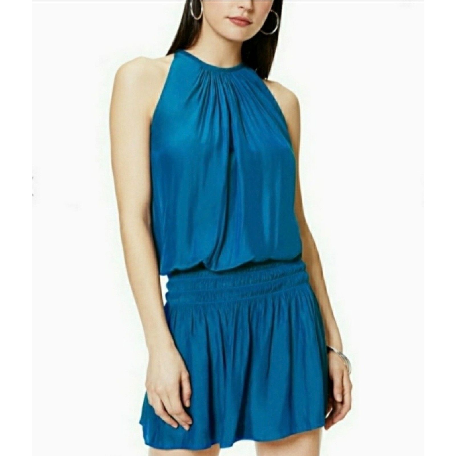 Ramy Brook Paris Smocked Blouson Sleeveless Mini Dress Blue Medium