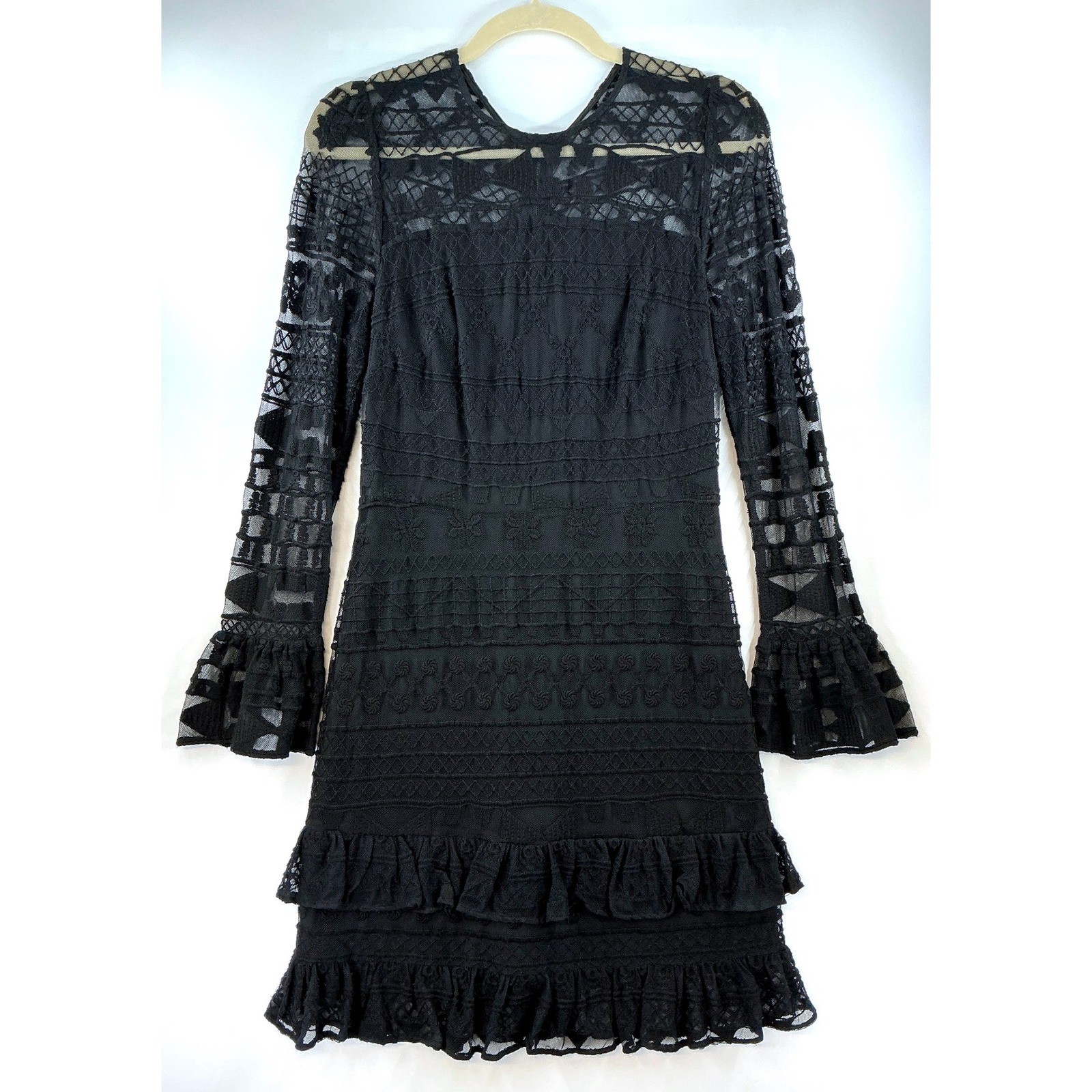 Parker Black Lace Bell Sleeve Ruffle Hem Mini Dress Sz S Whimsigoth Goth Glam