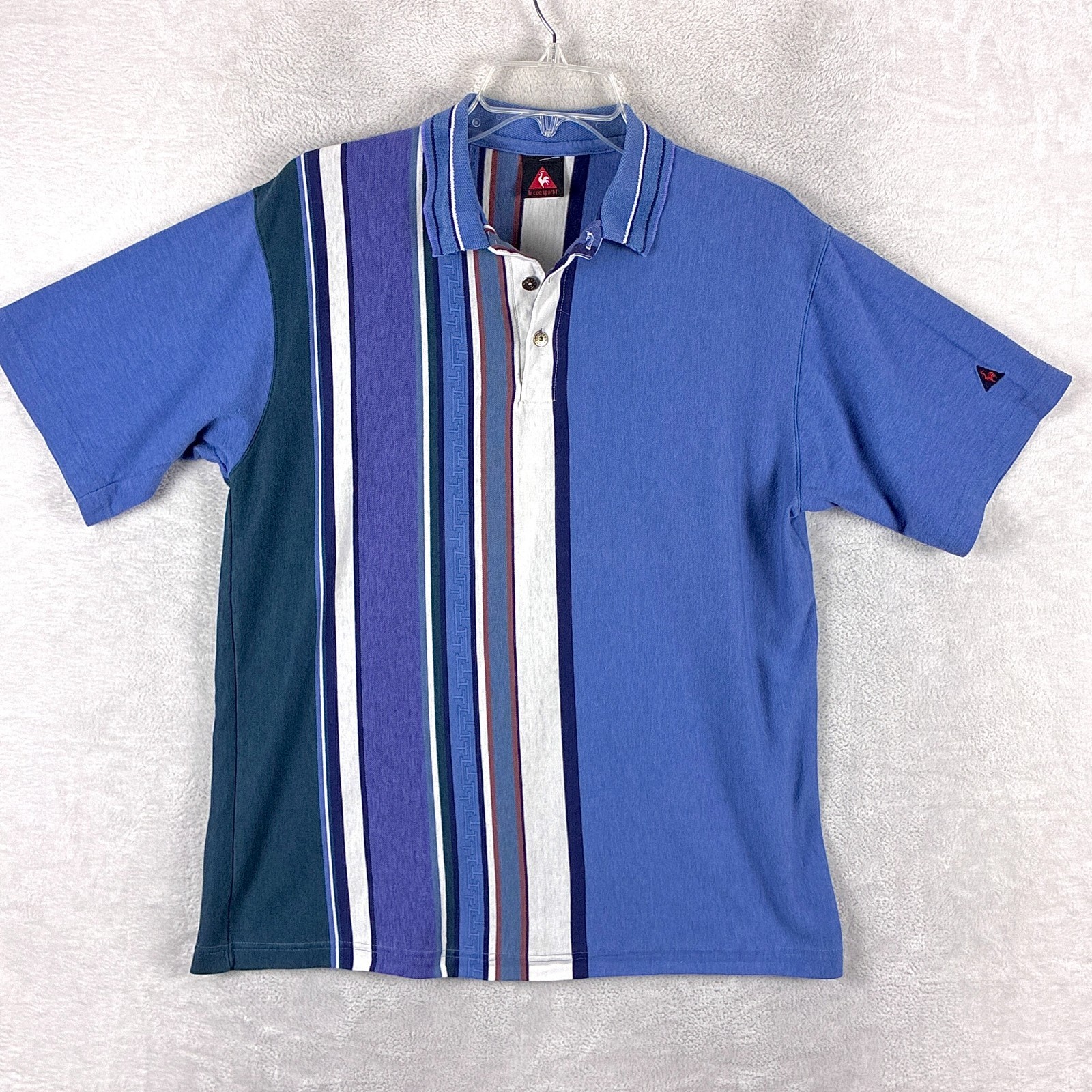 VTG Le Coq Sportif Polo Shirt Mens L Blue Stripe Preppy Tennis Golf 90s USA