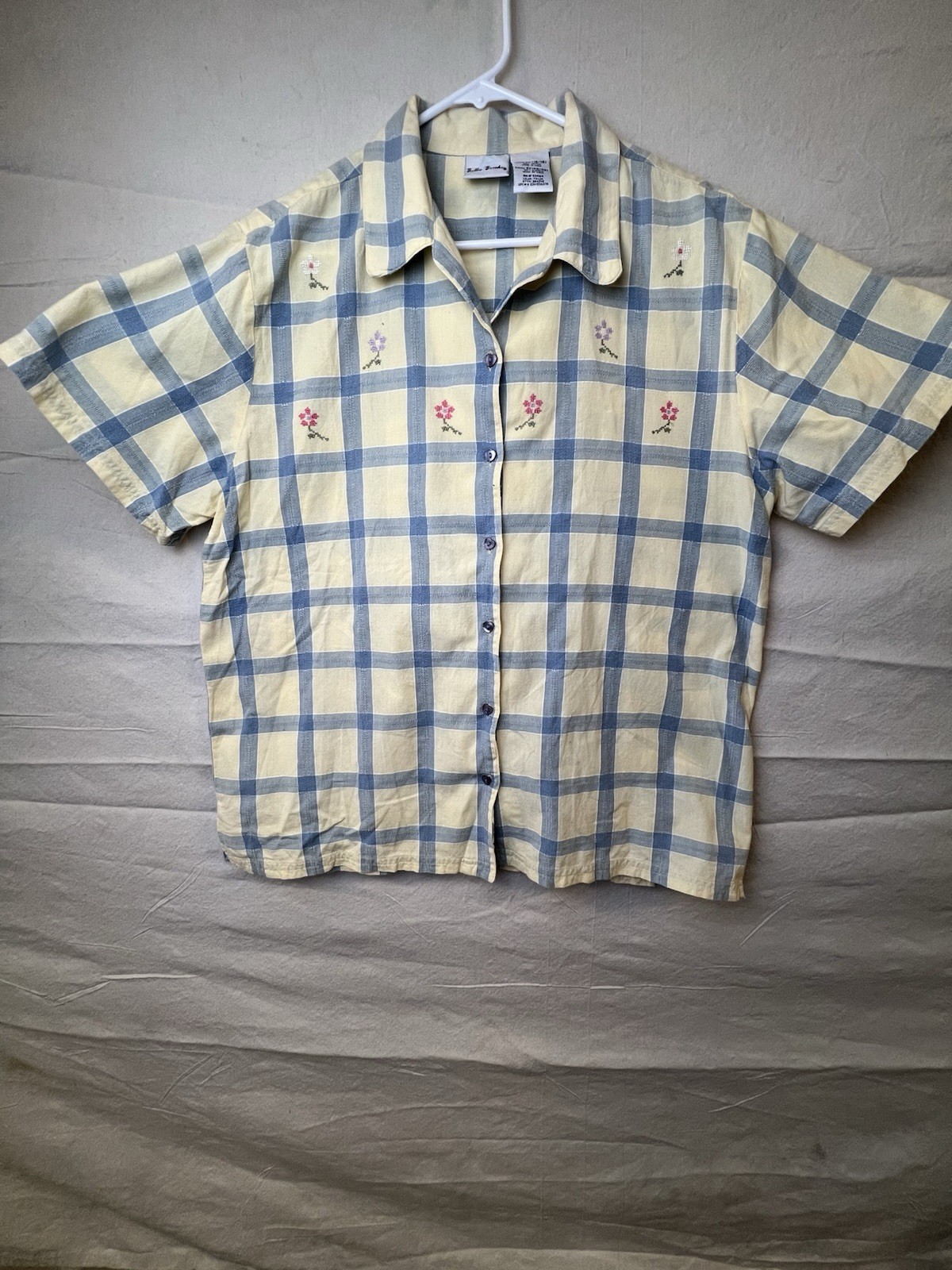 Bobbie Brooks Button Shirt Women XL Yellow Blue Floral Plaid Cottagecore Vtg