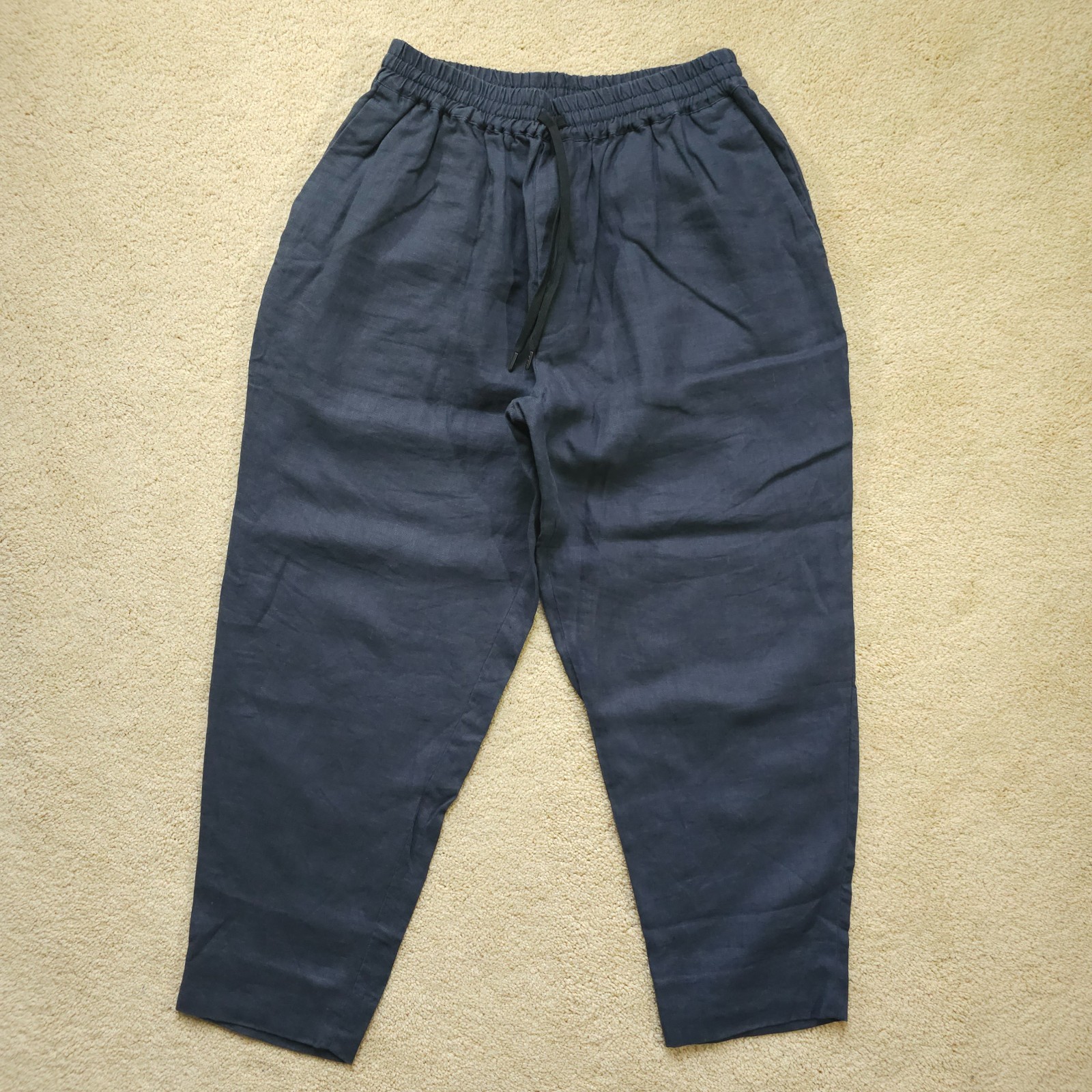 LNWOT Ships Japan 100% Ramie Relaxed Fit Drawstring Ankle Pants Navy Fits M/L