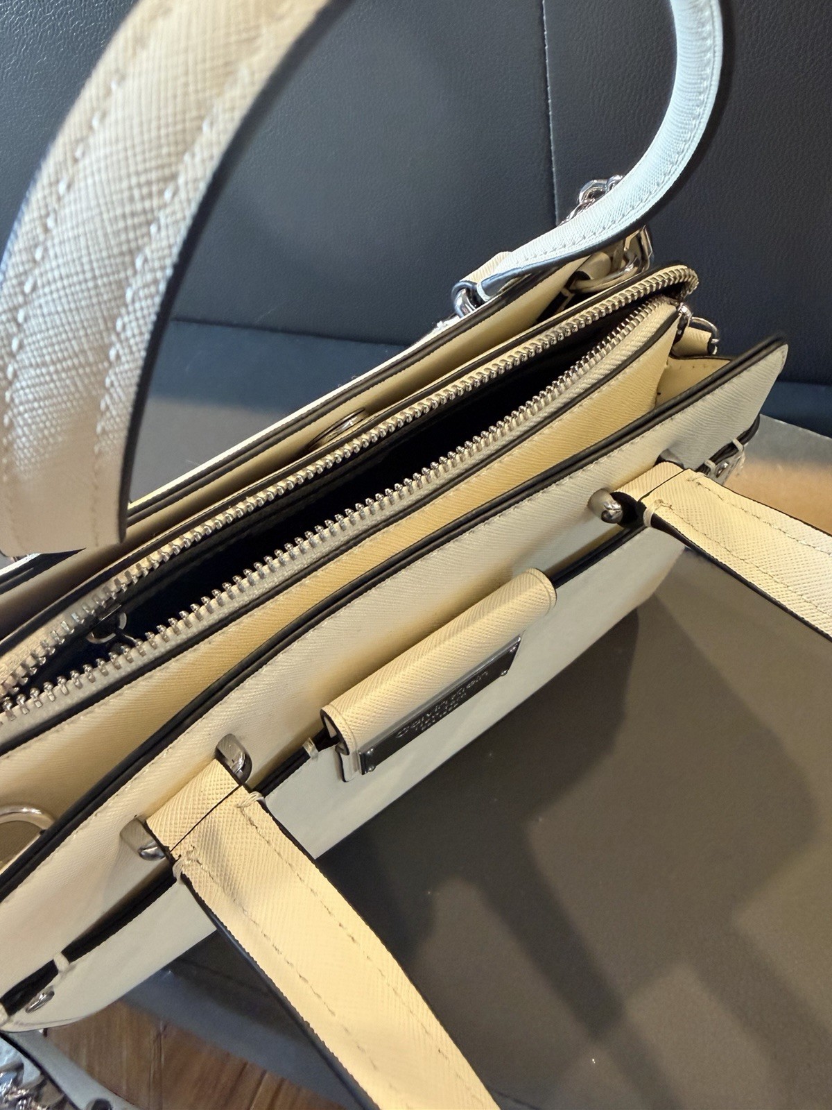 Calvin Klein Beige Satchel Top Handle Bag Zip Double Handles Detachable Strap