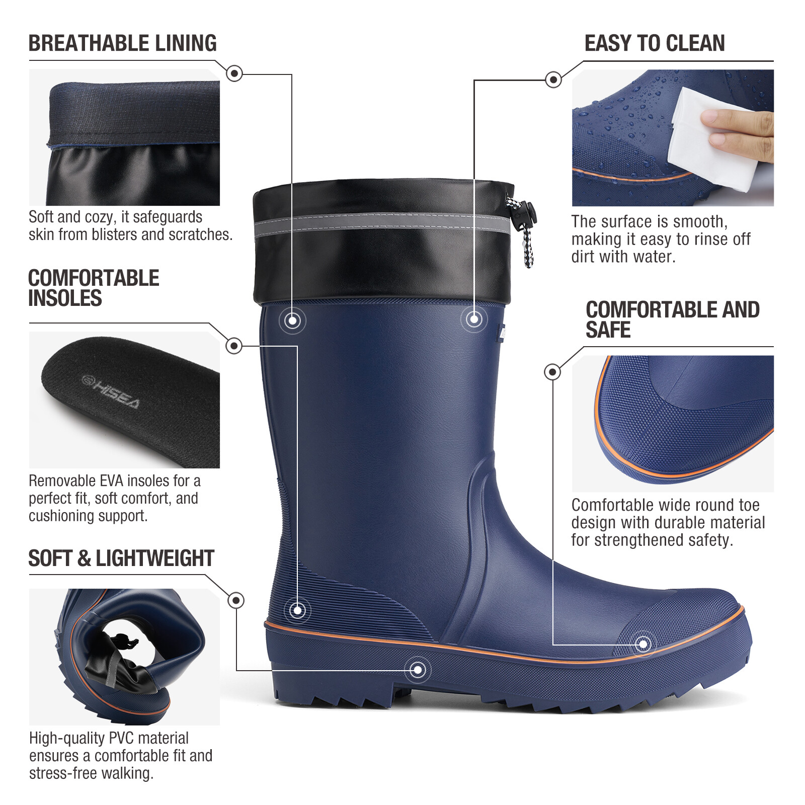 HISEA Men Rubber Rain Boots Strap Collar Lightweight Soft Yard Fishing Work Boot