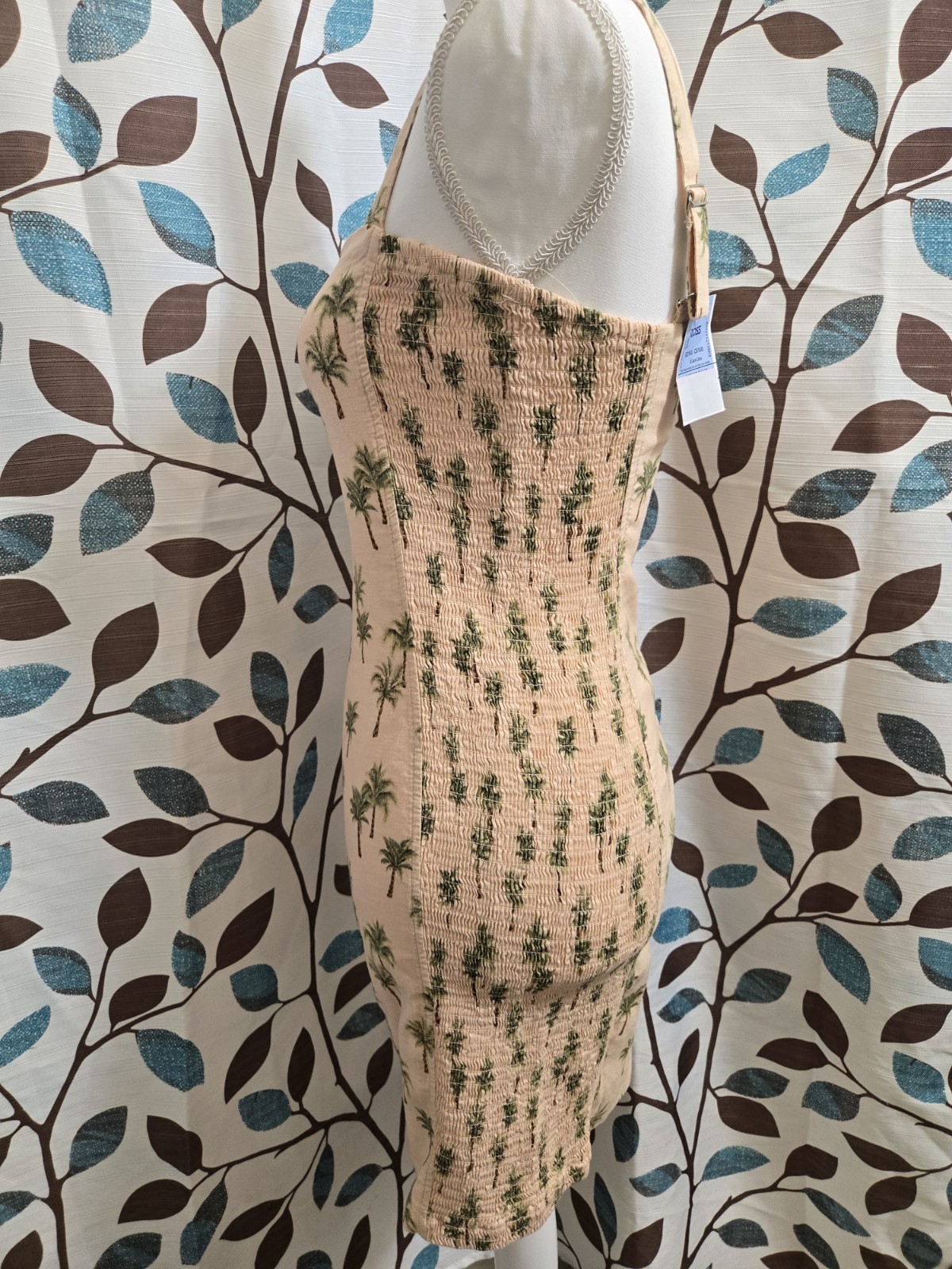 Robin K Heritage Palm Tree Print Mini Dress Beige Adjustable Straps Size M