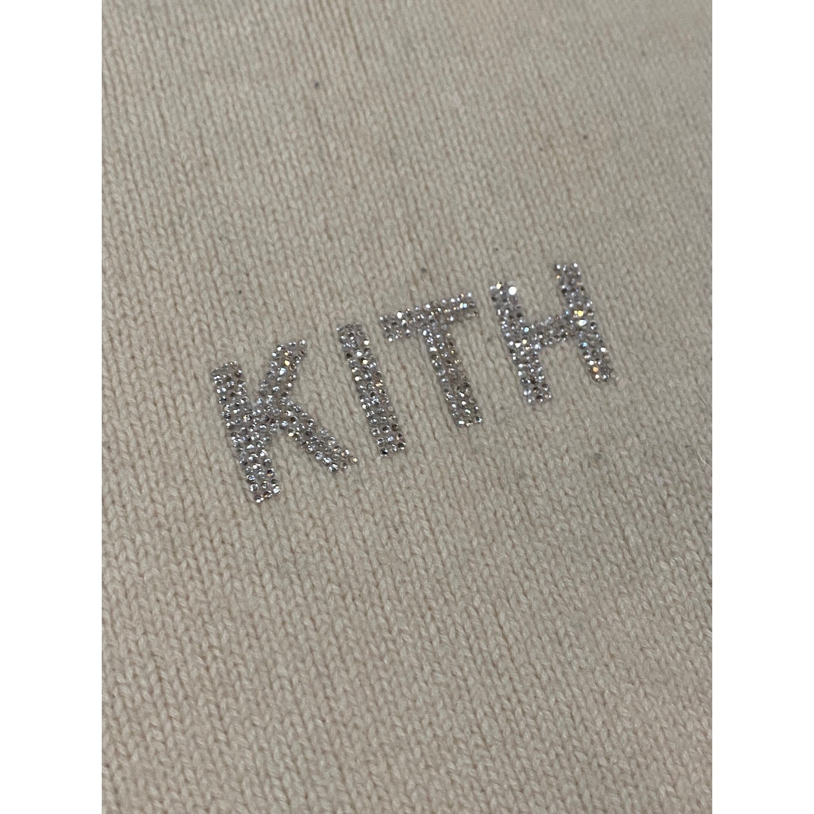 Kith Rhinestone Logo Scarf Cream Wool Cashmere Blend Knit Pointed Hem Unisex