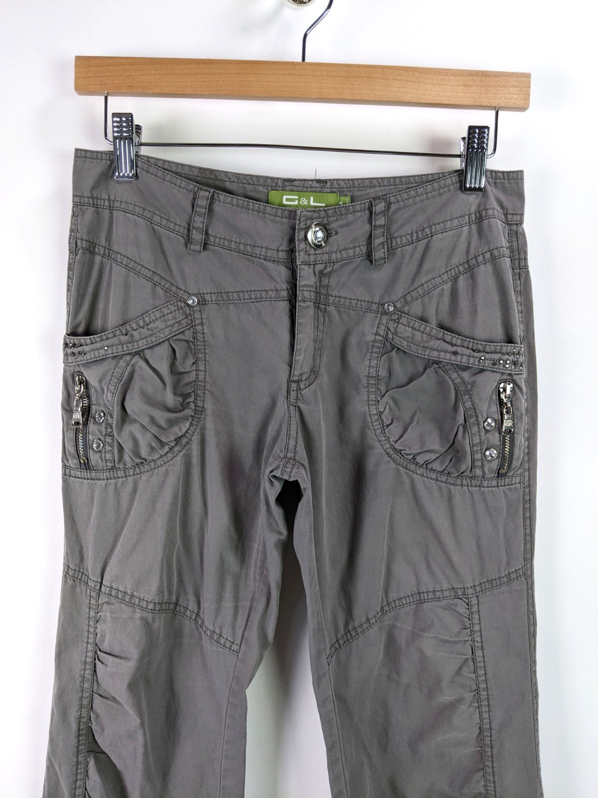 G&L Womens Cargo Utility Pants Ruched Zip Pockets Straight Leg Gray Size XS/S