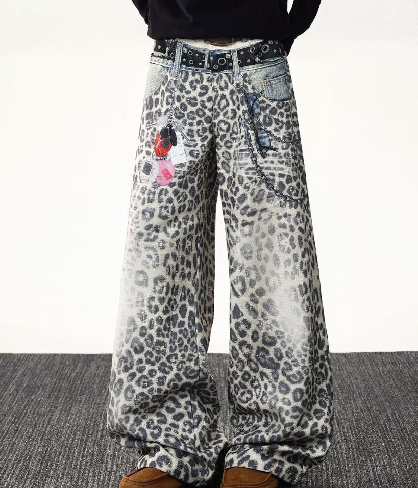 Men’s Leopard Denim Jeans Straight Leg Casual Pants Casual Punk Hip Hop Fashion