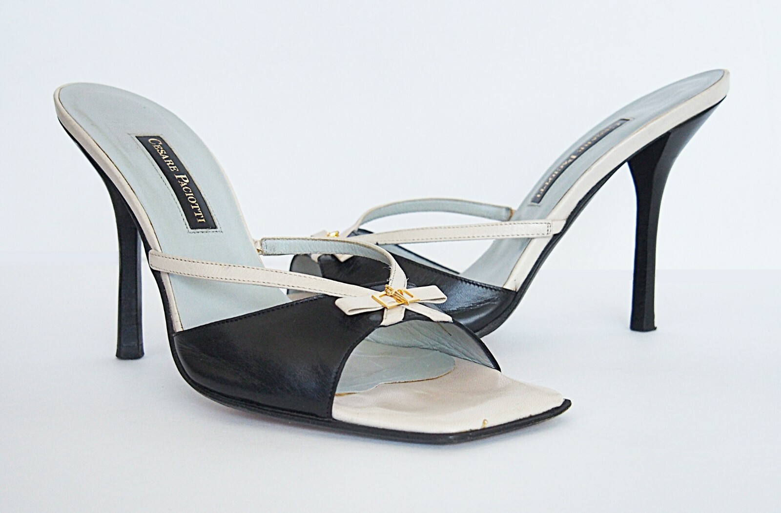 Cesare Paciotti Women’s Leather Heel Logo Mules Sandals Size 37.5 US 7.5