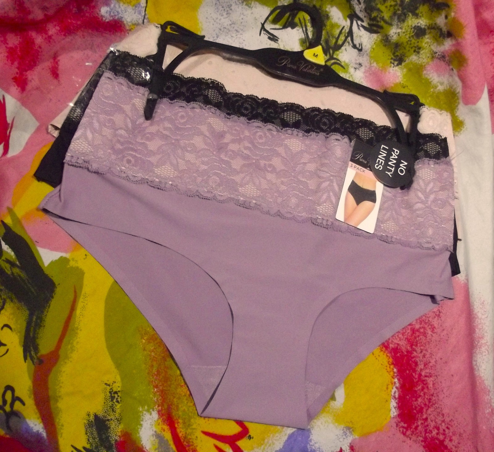 3 NEW PRIMA VALENTINA 77312 DPK/BK NO PANTY LINES LACE PANEL HIPSTER PANTIES M
