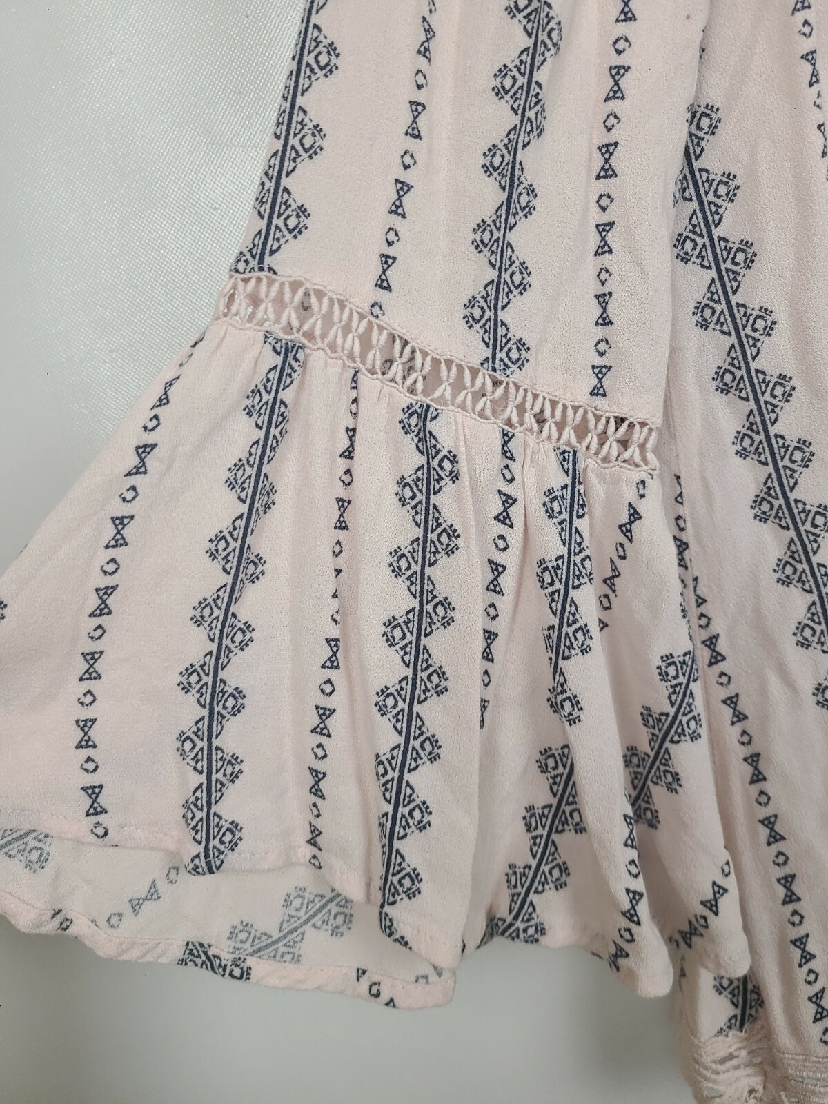 Blu Pepper BOHO Cottagecore Top Large Pale Pink Printed Crochet Bell Sleeve