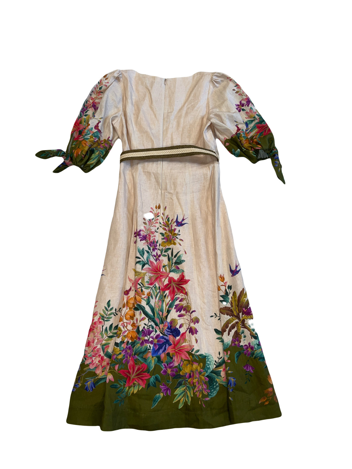 Zimmermann 100% Linen Floral Border Print Belted Midi Dress Size 2 US 8
