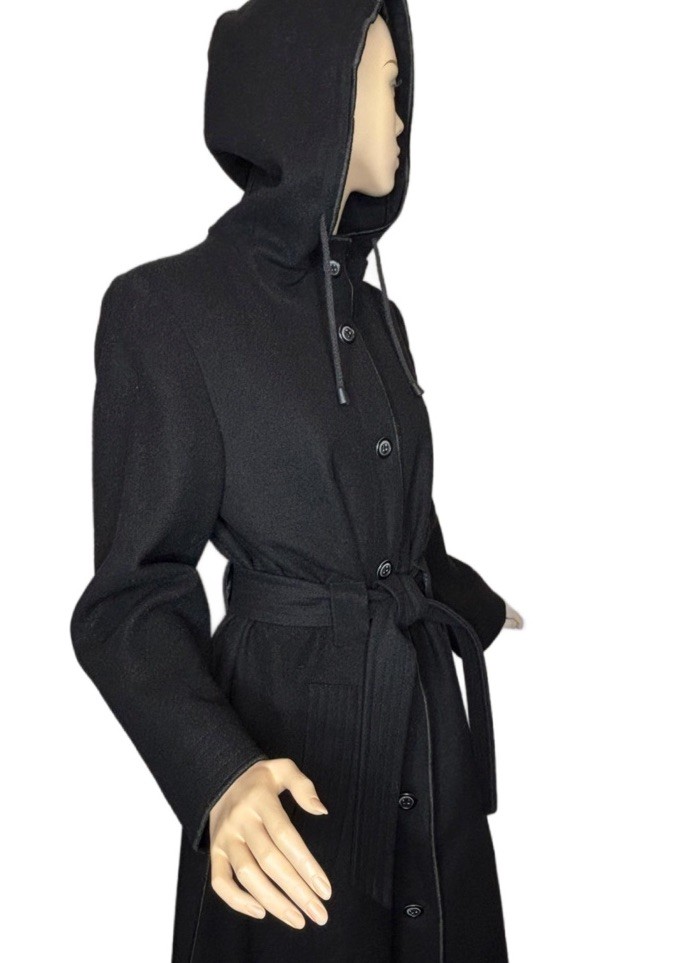 Vintage Wool Full Length Coat Hooded Black Button Down Harvé Benard Rare XS/S
