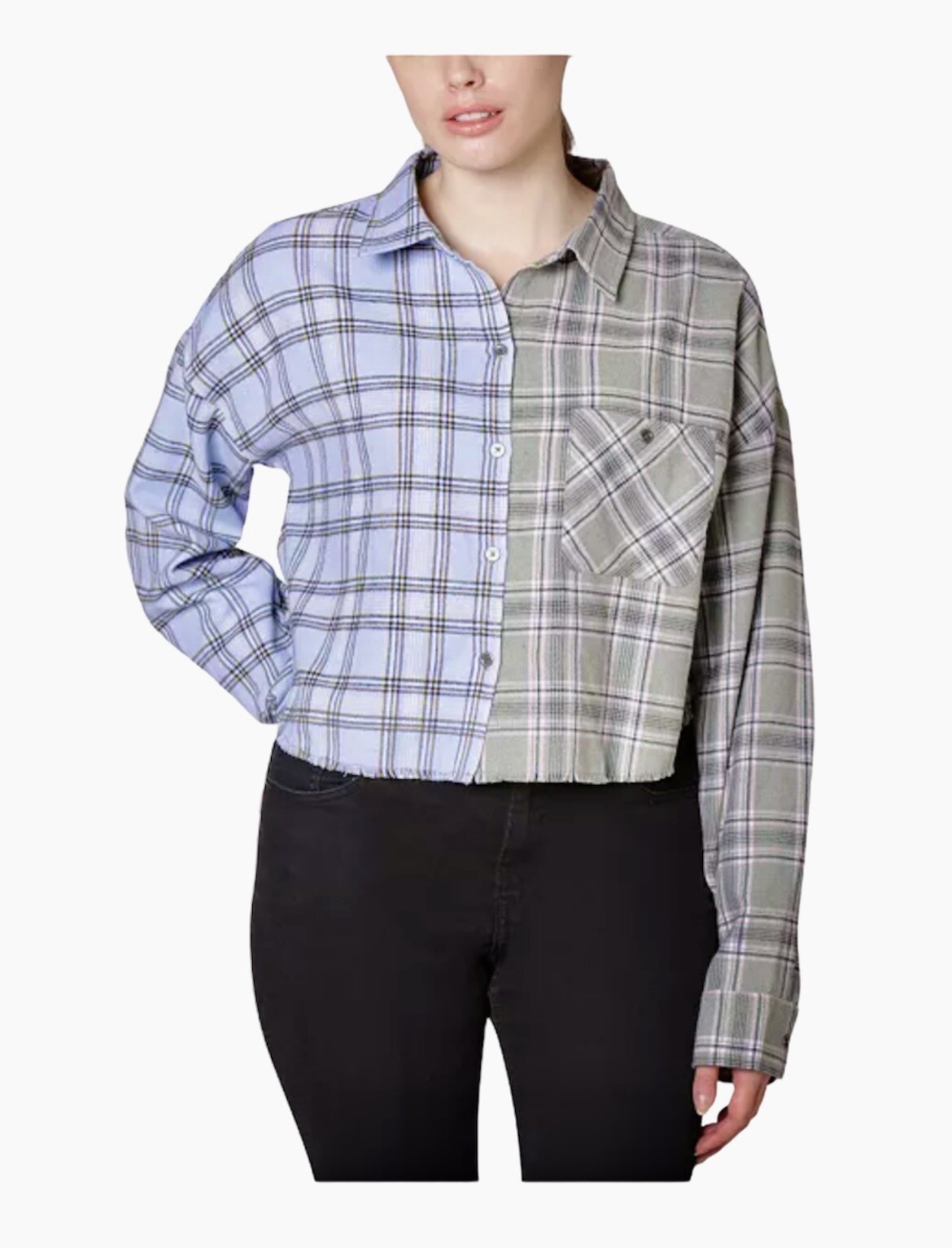 Ultra Flirt Juniors L Blue Sage Plaid Cropped Flannel Button Shirt NWT