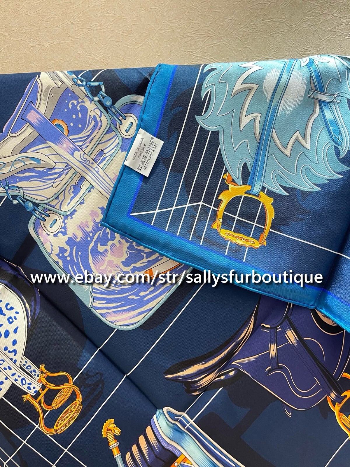 Sallys Boutique 14~18 Momme Twill Silk Wrap Scarf Saddle Print Square Shawl 35″