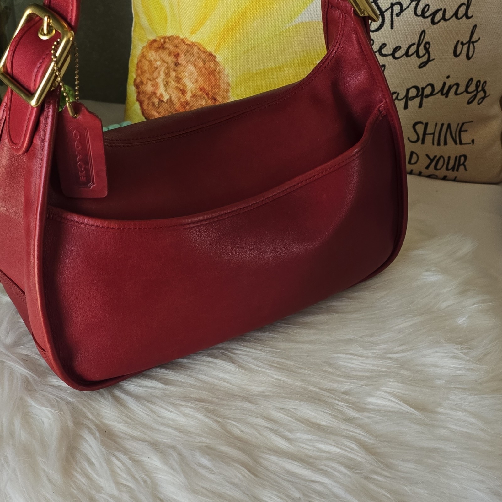 Coach Red Small Crescent Shoulder Bag Turn Lock Gold Hardware Hang Tag