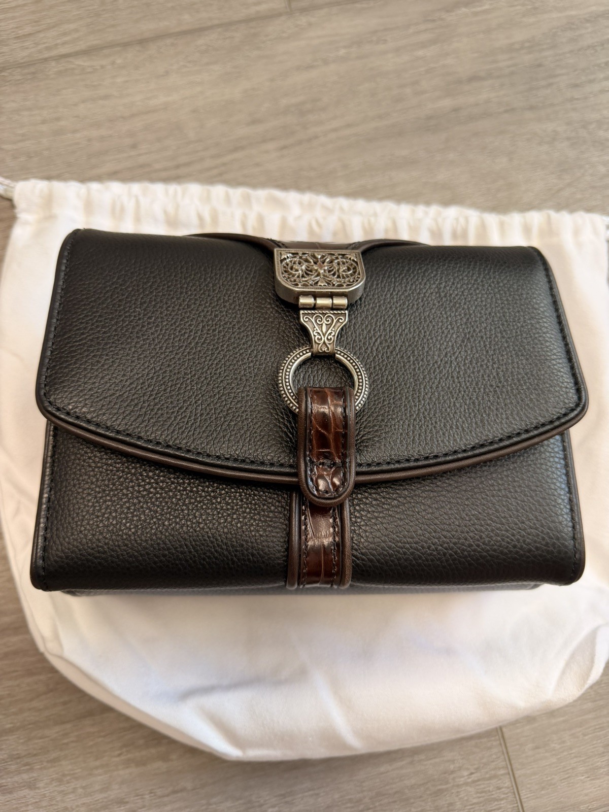 Brighton Nepal Organizer Black Brown Leather Purse Wallet Bag w/ Dust Bag