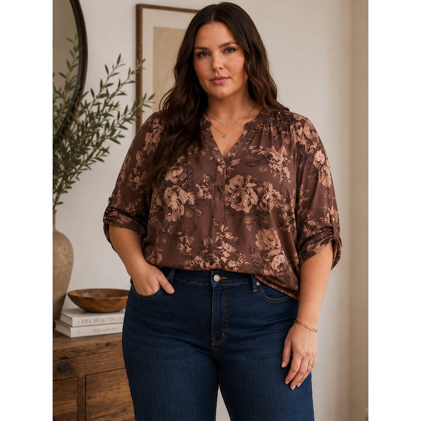 Torrid Harper Blouse 2 Brown Floral Rose Georgette Roll Tab Pullover Top nwt