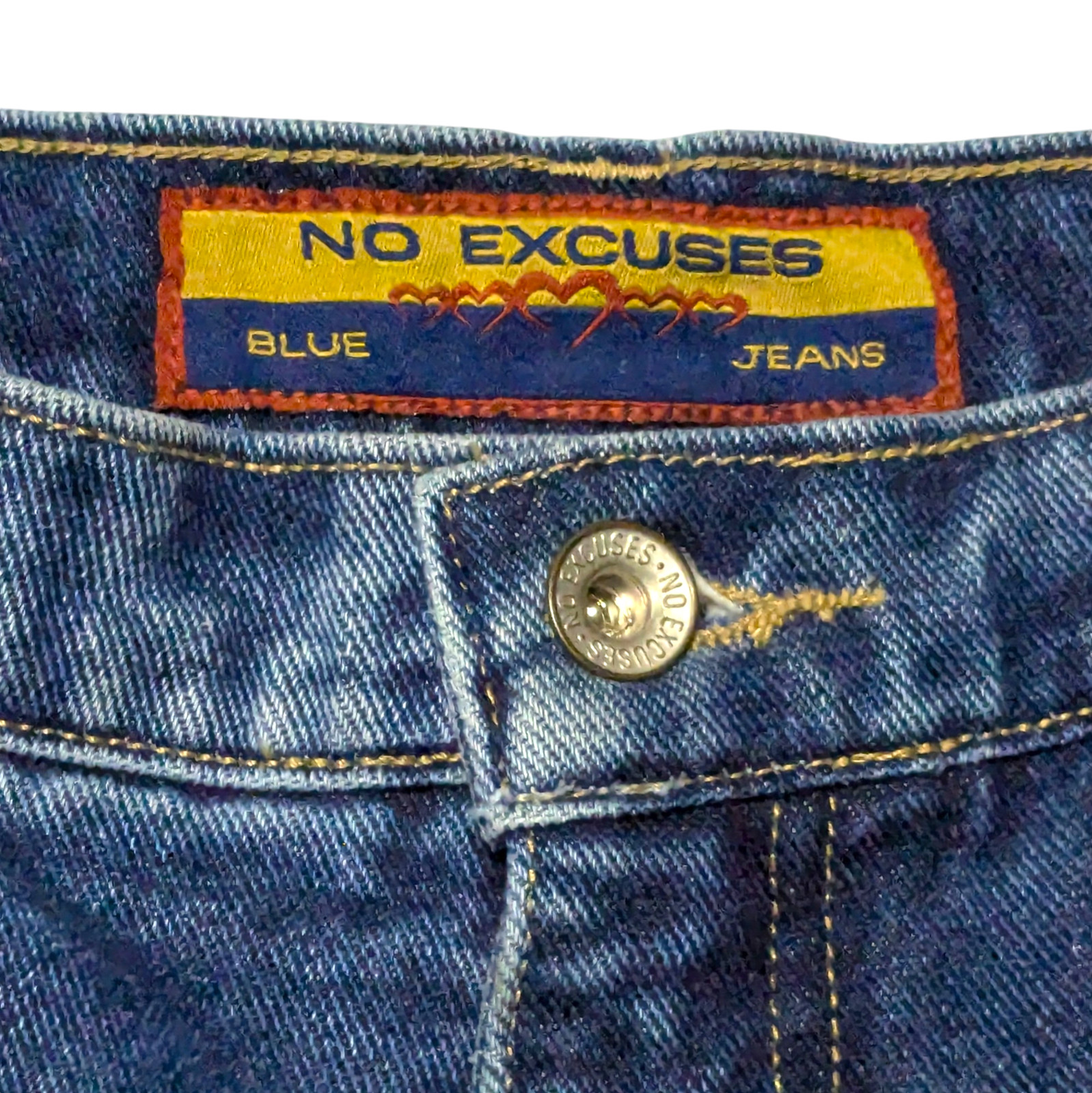 Vintage 90s NO EXCUSES High Rise Jean Shorts 13/14 (32×3) Blue Denim Raw Hem NWT