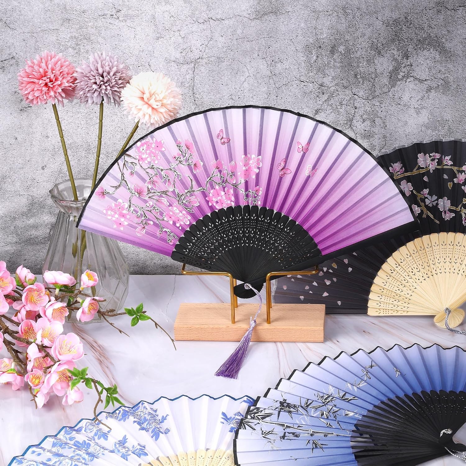 4 Pieces Folding Fans, Silk Fabric, Hand Holding Fans, Retro Style, Color D