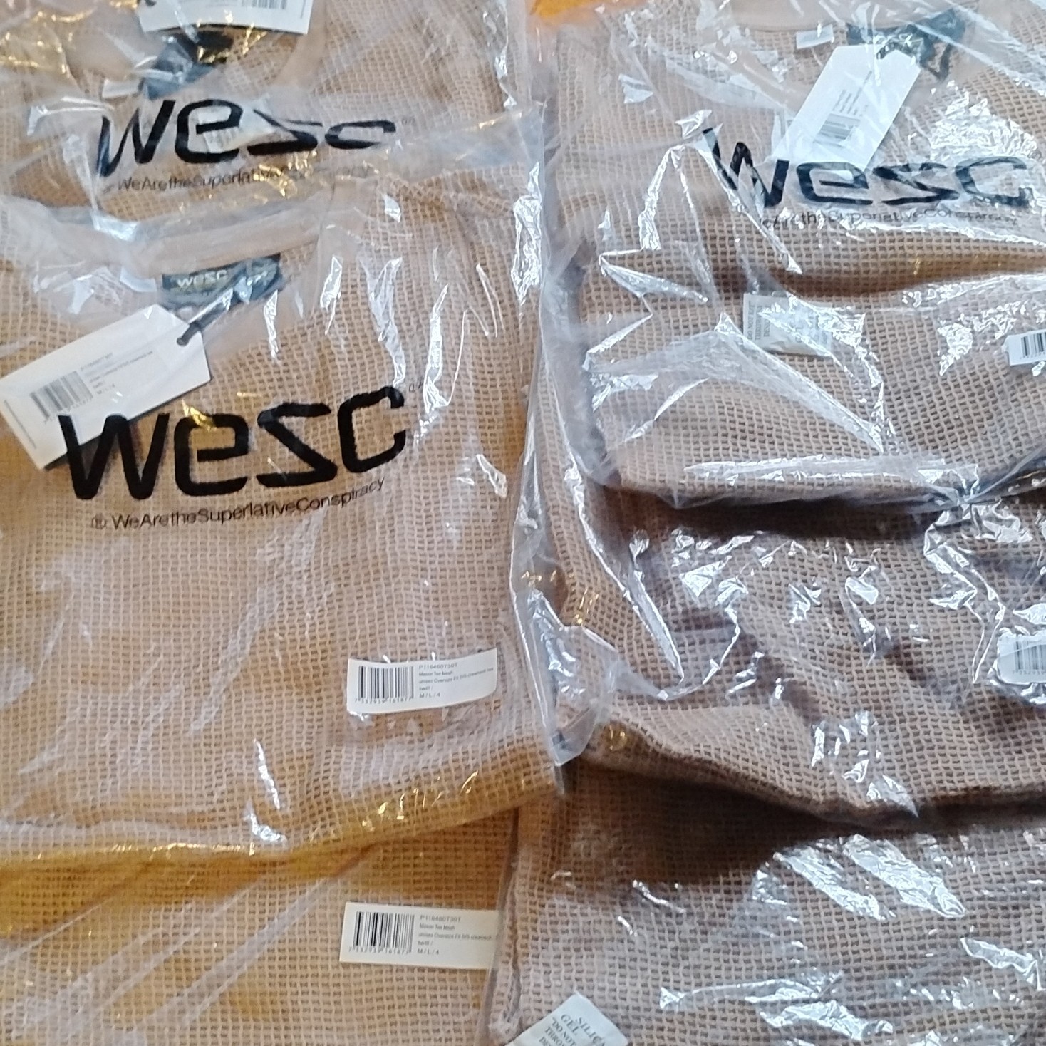 WeSC Mason Tee Mesh Twill Beige Crew Neck Unisex M/L Short Sleeve Oversize