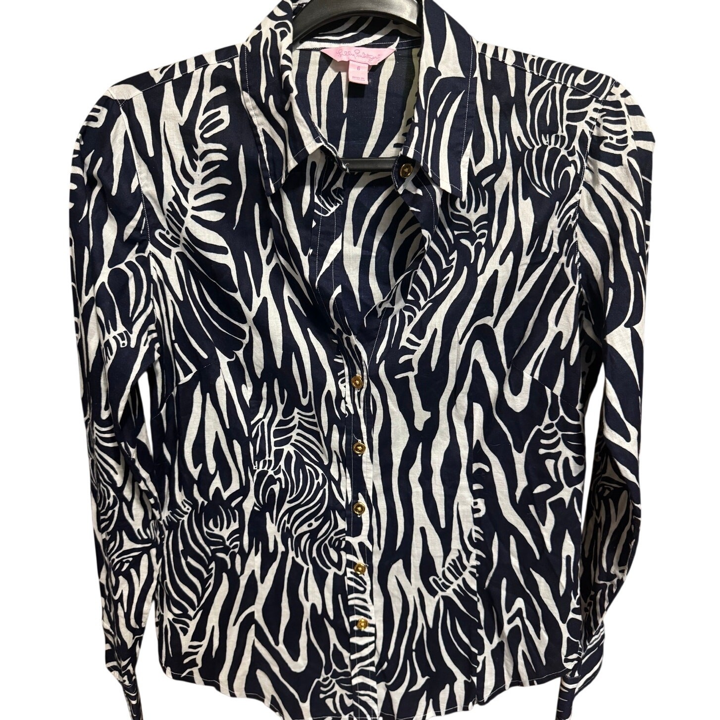 Lilly Pulitzer Entourage Zebra Button Down Shirt Navy Blue White Size 6