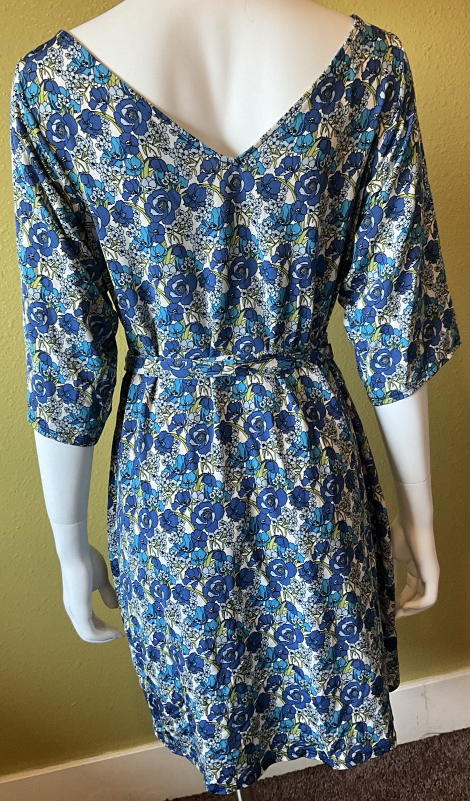 Leota Compass Rose A Line Dress Belted Blue Floral Print Made In USA NYC Spring