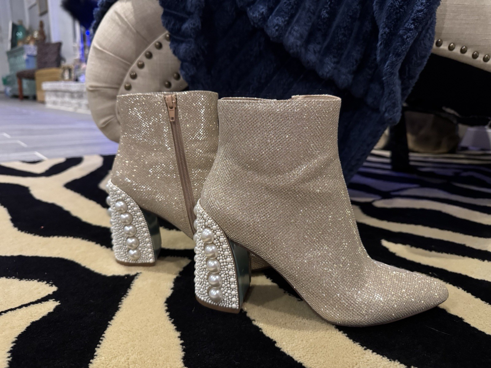 Betsy Johnson Women’s Gold Textile Pointed Toe Ankle Bootie Zip Pearl 8M