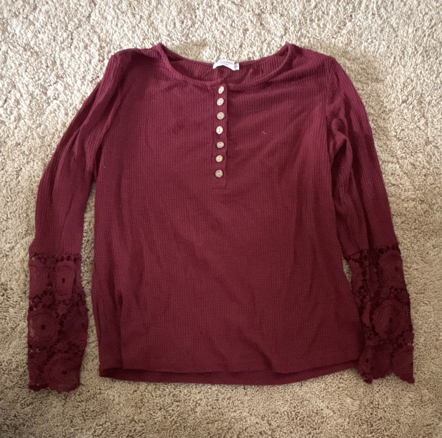 Kanceystore Women’s L Burgundy Solid Ribbed Knit Henley Lace Cuff Long Sleeve
