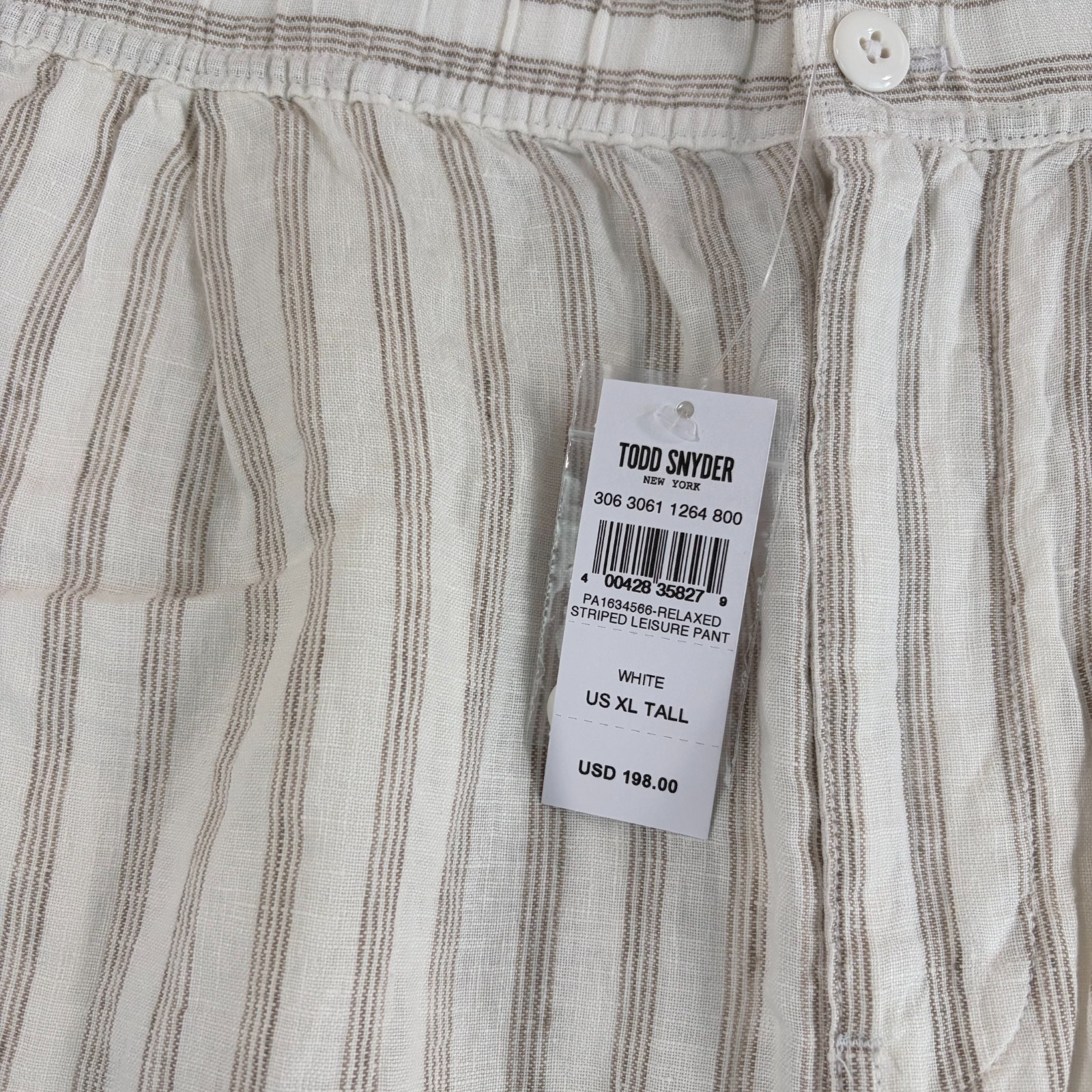 TODD SNYDER Relaxed 100% Linen Leisure Pants in White Striped Pleated NWT $198