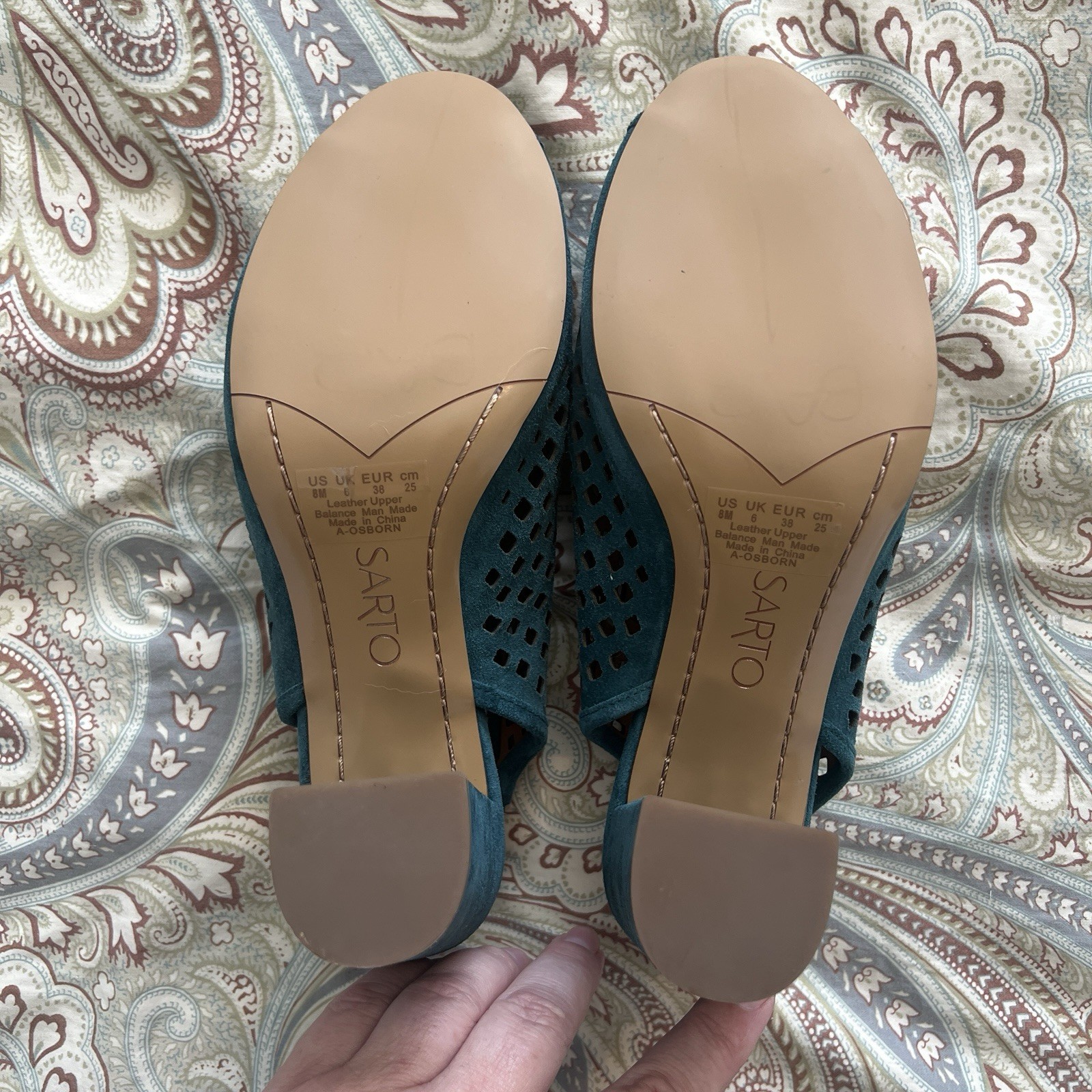 Franco Sarto Harlet 2 Teal Suede Perforated Slingback Block Heel Sandals Sz 8