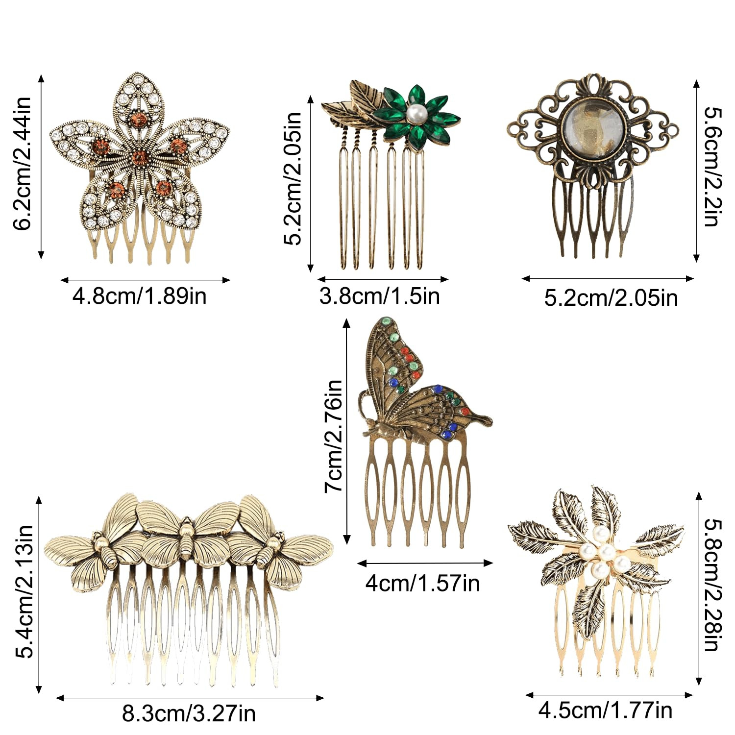 6 Pack Vintage gold Hair Side Combs for Women Decorative,Butterfly Flower Leaf