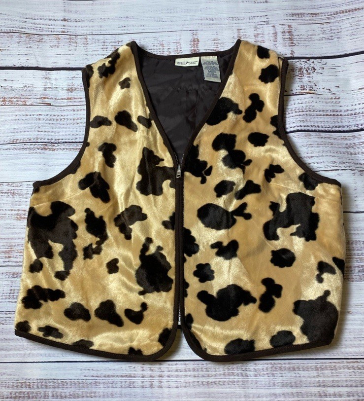White Stag Animal Print Full Zip Vest Women M Beige Black Sleeveless Short