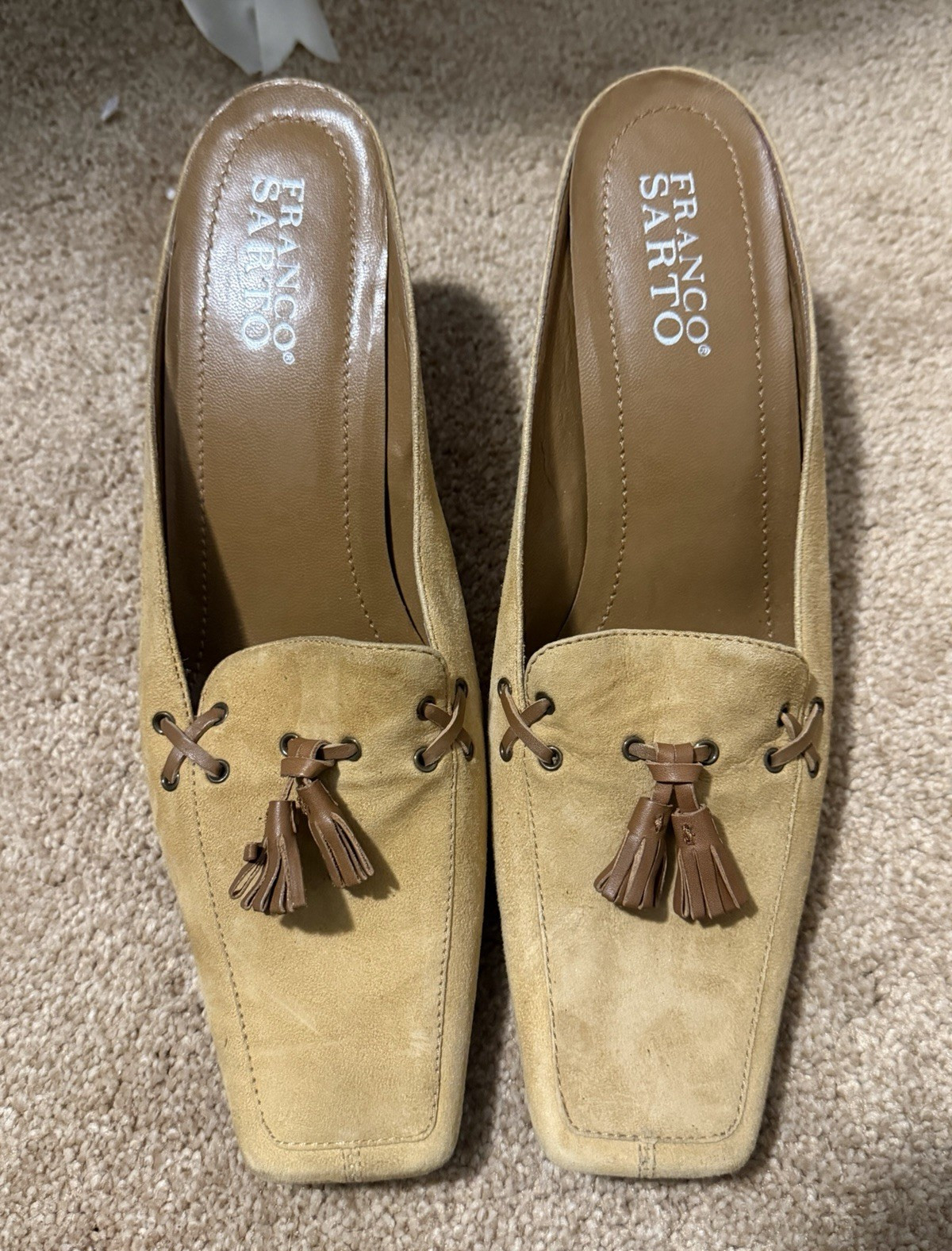 Franco Sarto Suede Tassel Loafer Heels Slip On Square Toe Beige 8M