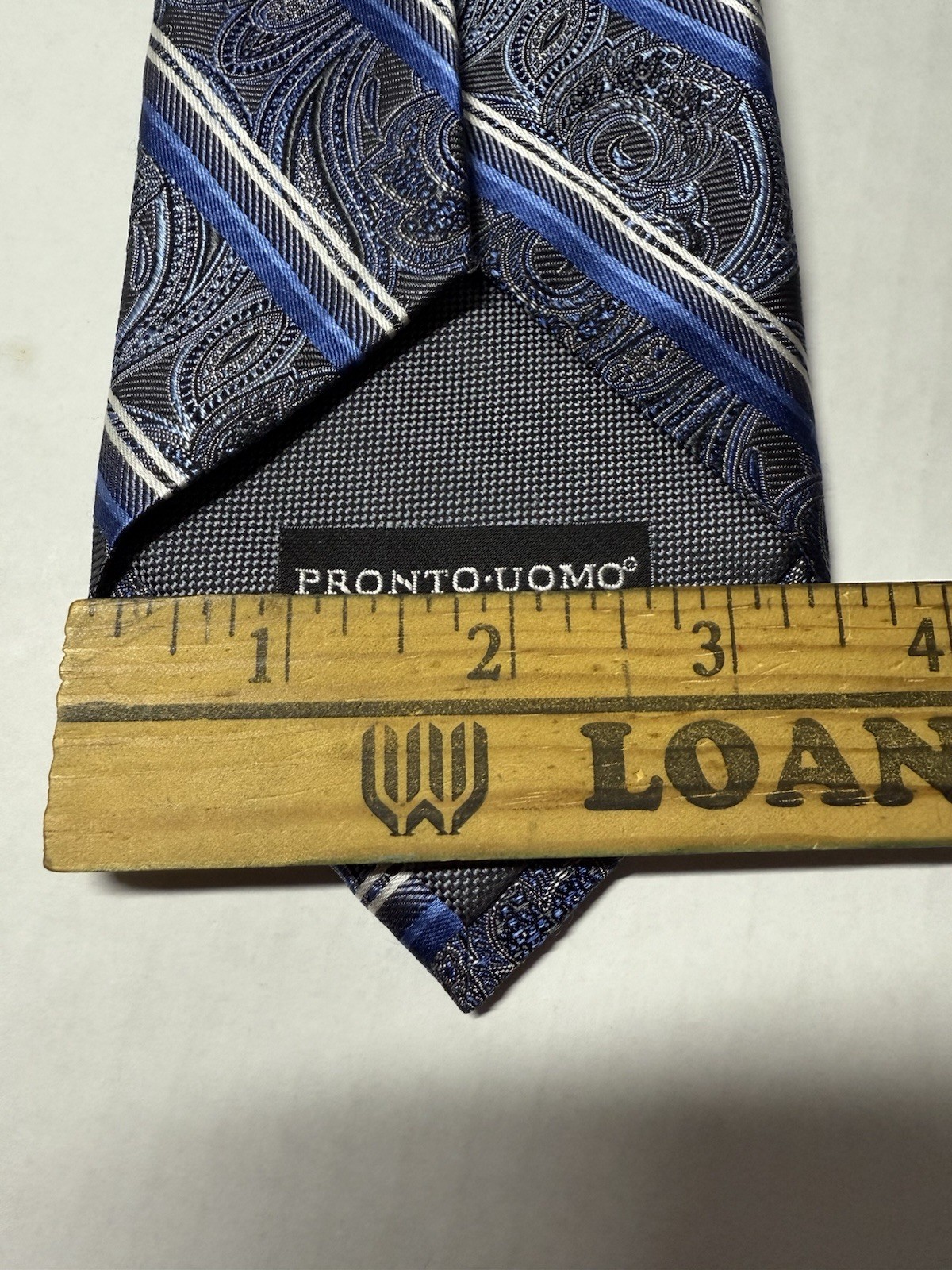 Pronto Uomo Couture Silk Tie XL Gray Blue Stripes Tonal Jacquard Paisley EUC