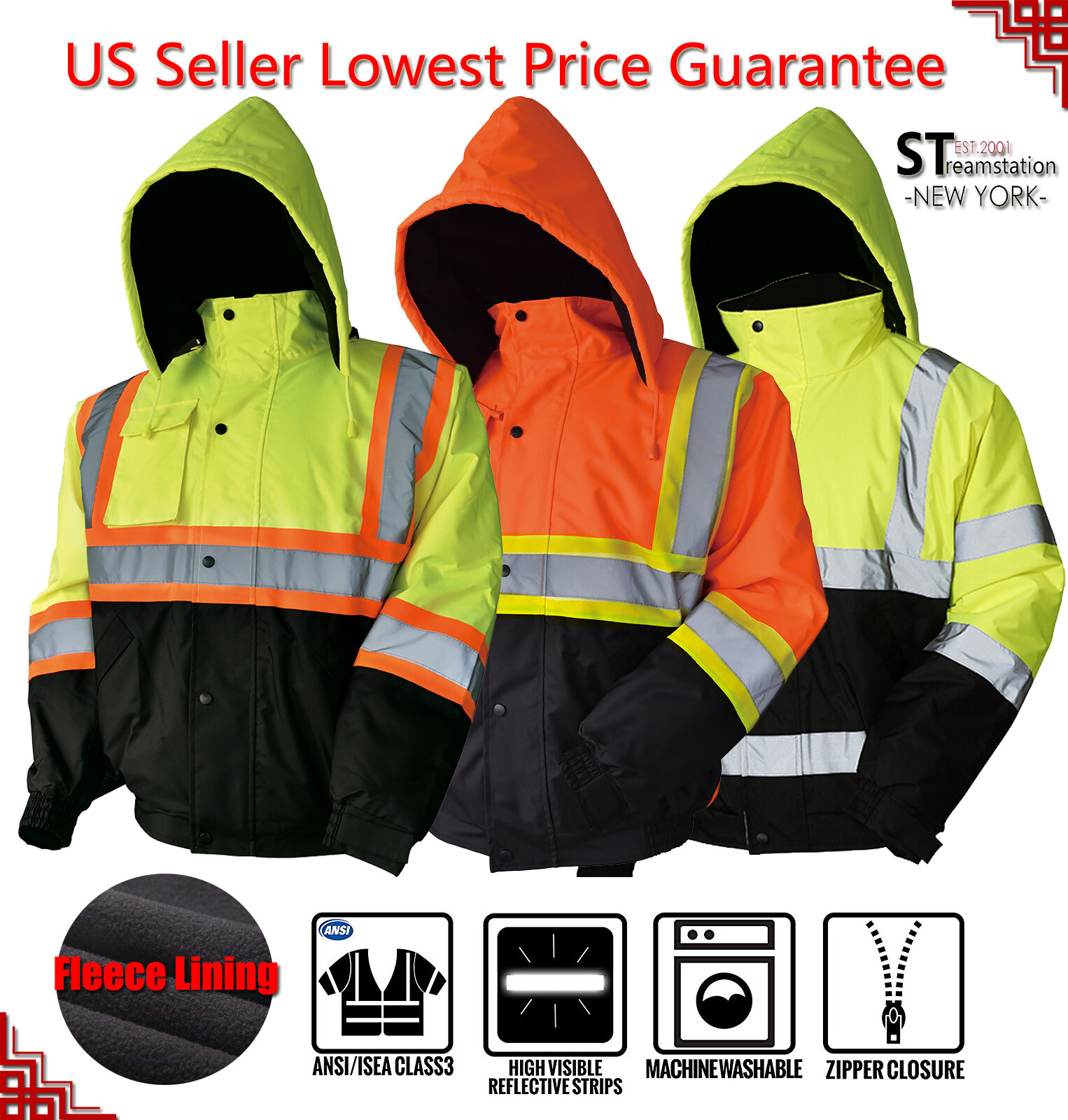 Hi Vis Class 3 Insulated Safety Jacket Bomber Jacket Coat Fleece Reflective
