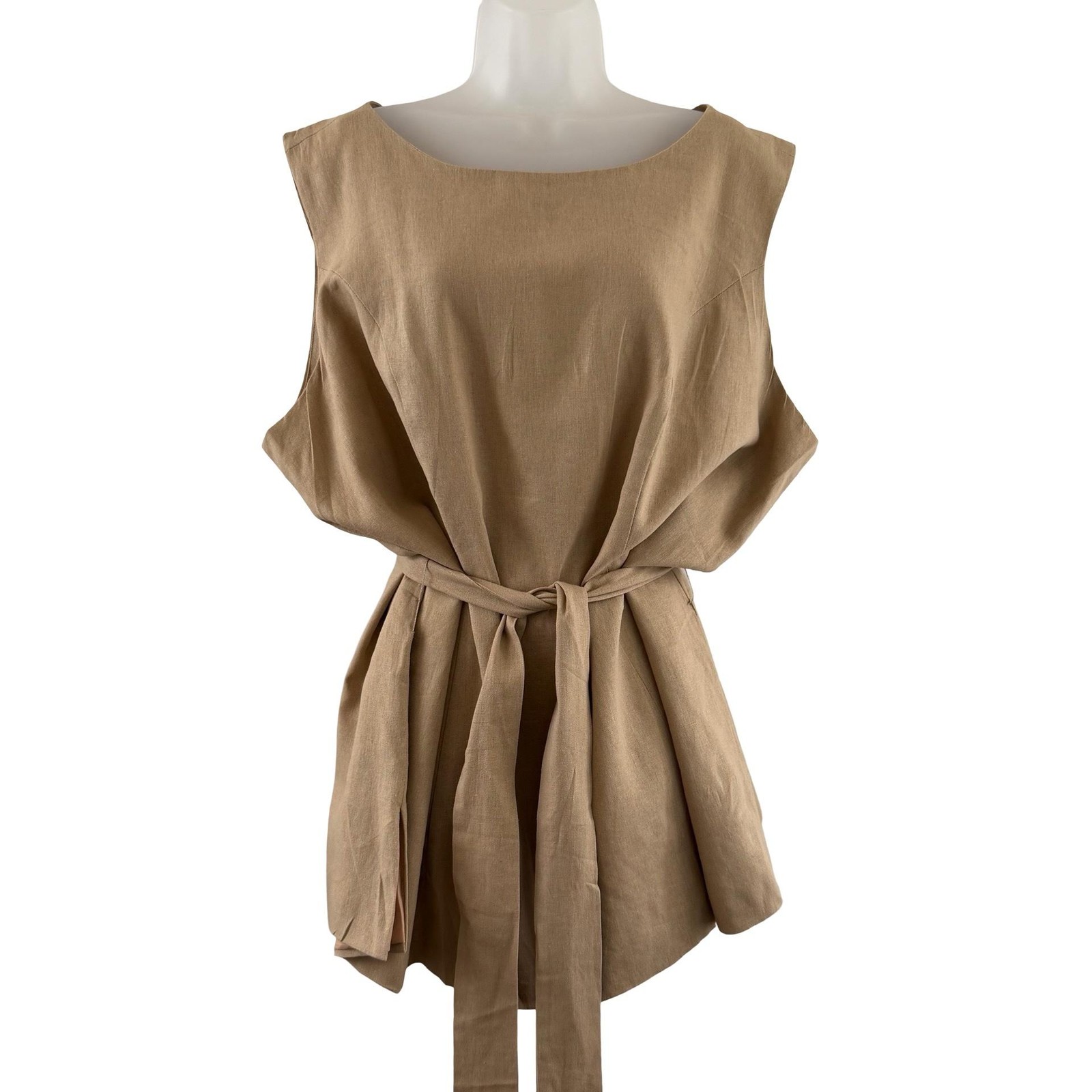 Jessica London 2 Piece Linen Blend Capri Set Womens 26W Beige Tan Belted Cropped