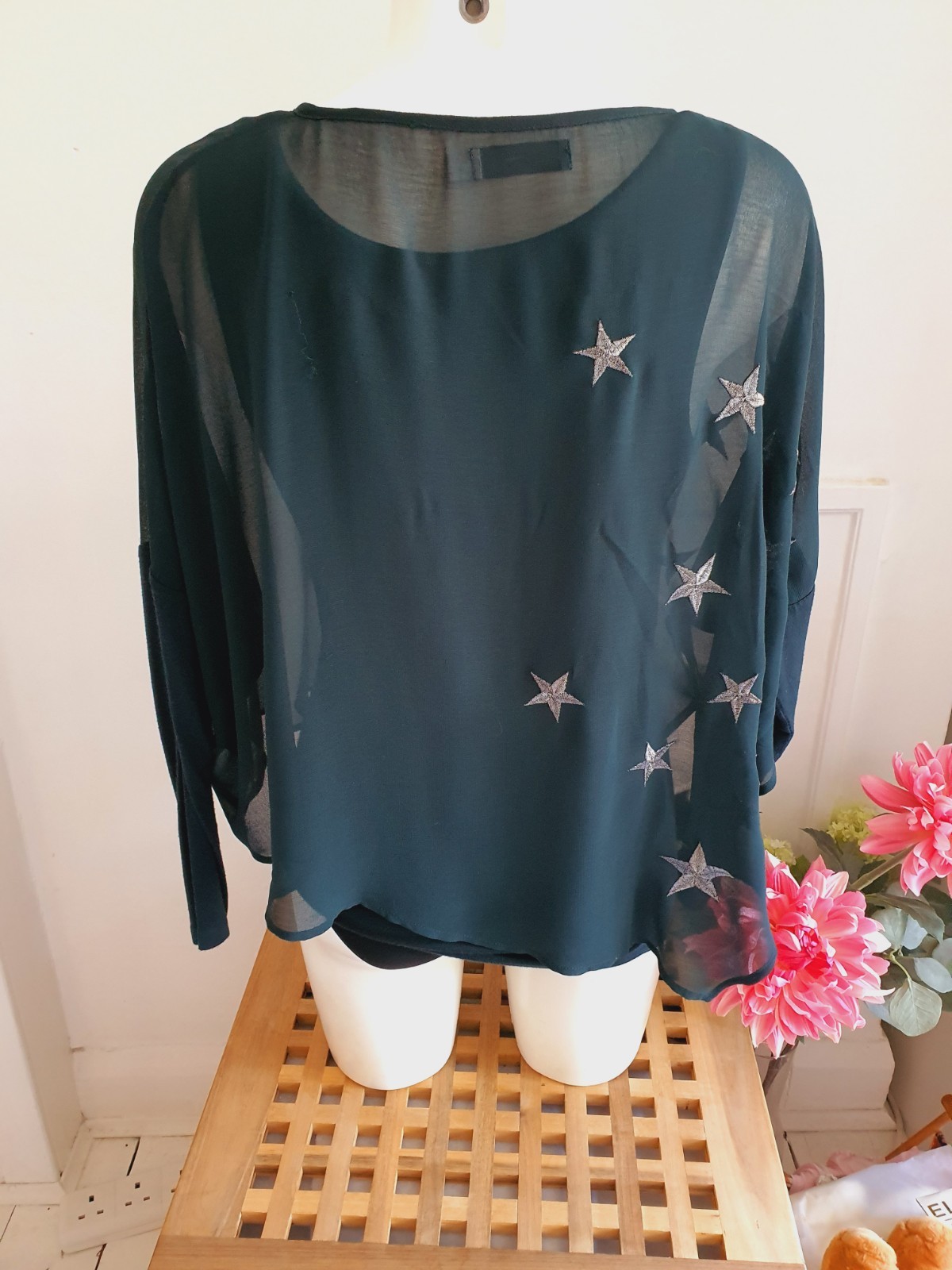 Mint Velvet Dark Green Star Embroidered Draped Top, UK Size 10