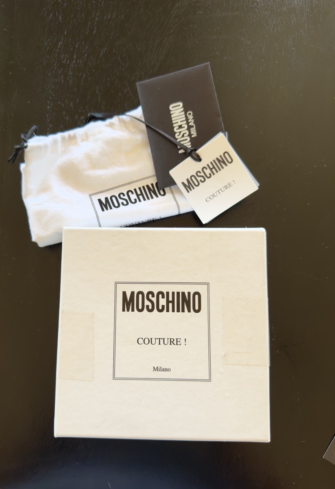 Moschino Black Leather Logo Belt Silver Letter Buckle 38” w/ Box Dust Bag & Tags