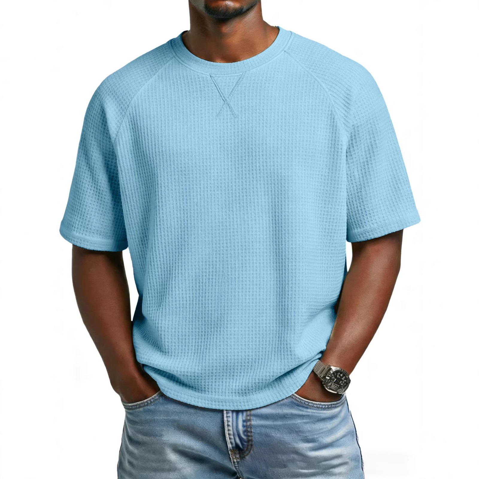 Men’s solid color embroidered raglan crew neck casual sports short sleeve