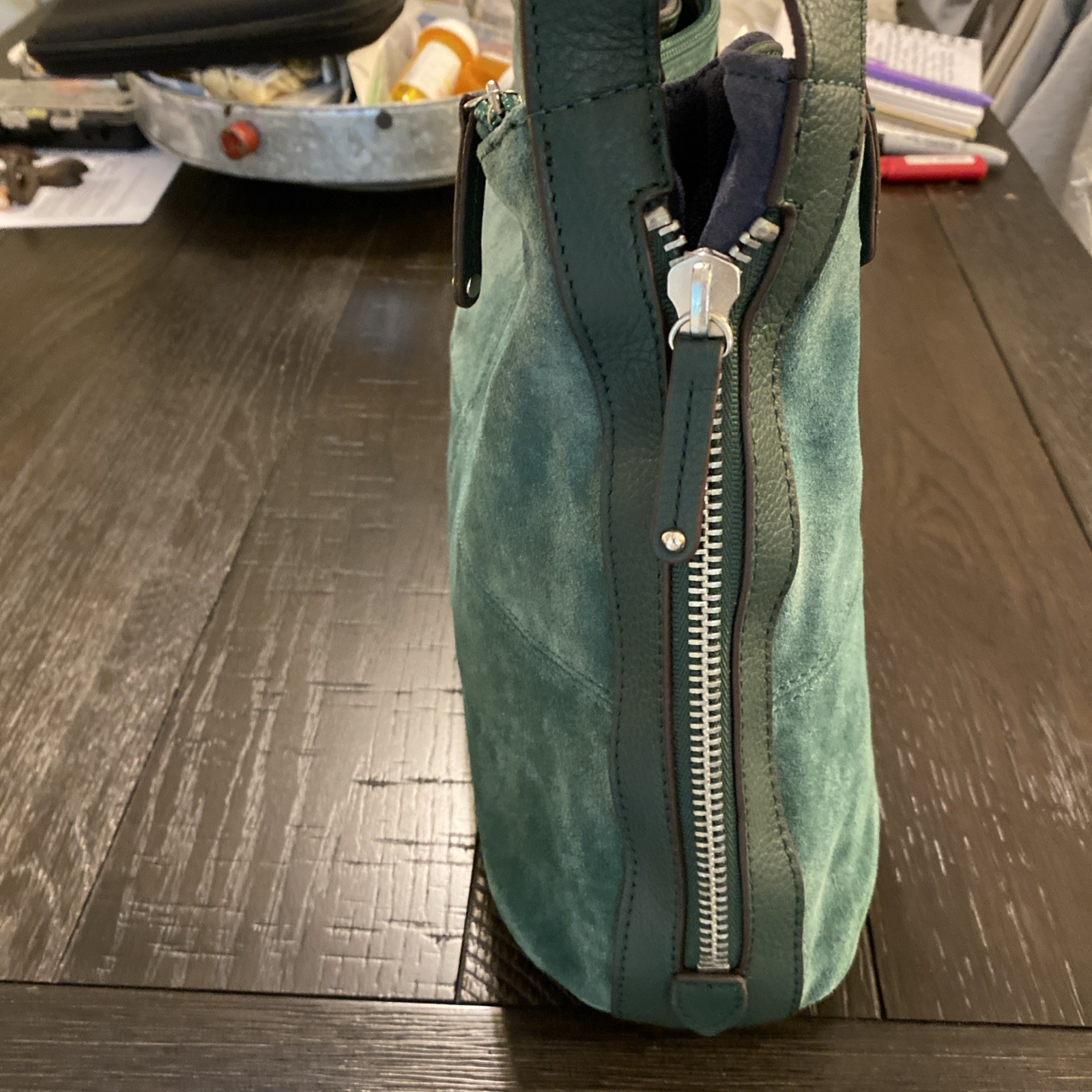 Tignanello Green Suede Leather Purse Shoulder Bag Zip Close Double Straps