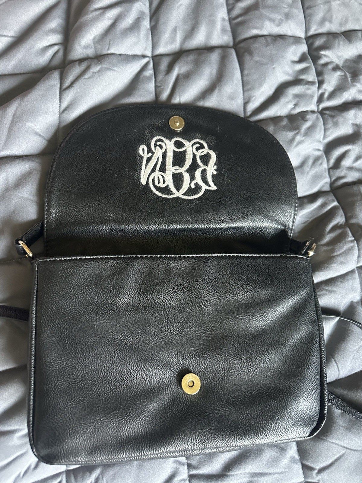 Viv&Lou Black Monogram Shoulder Bag Gold Hardware Hot Stamped Initials Women