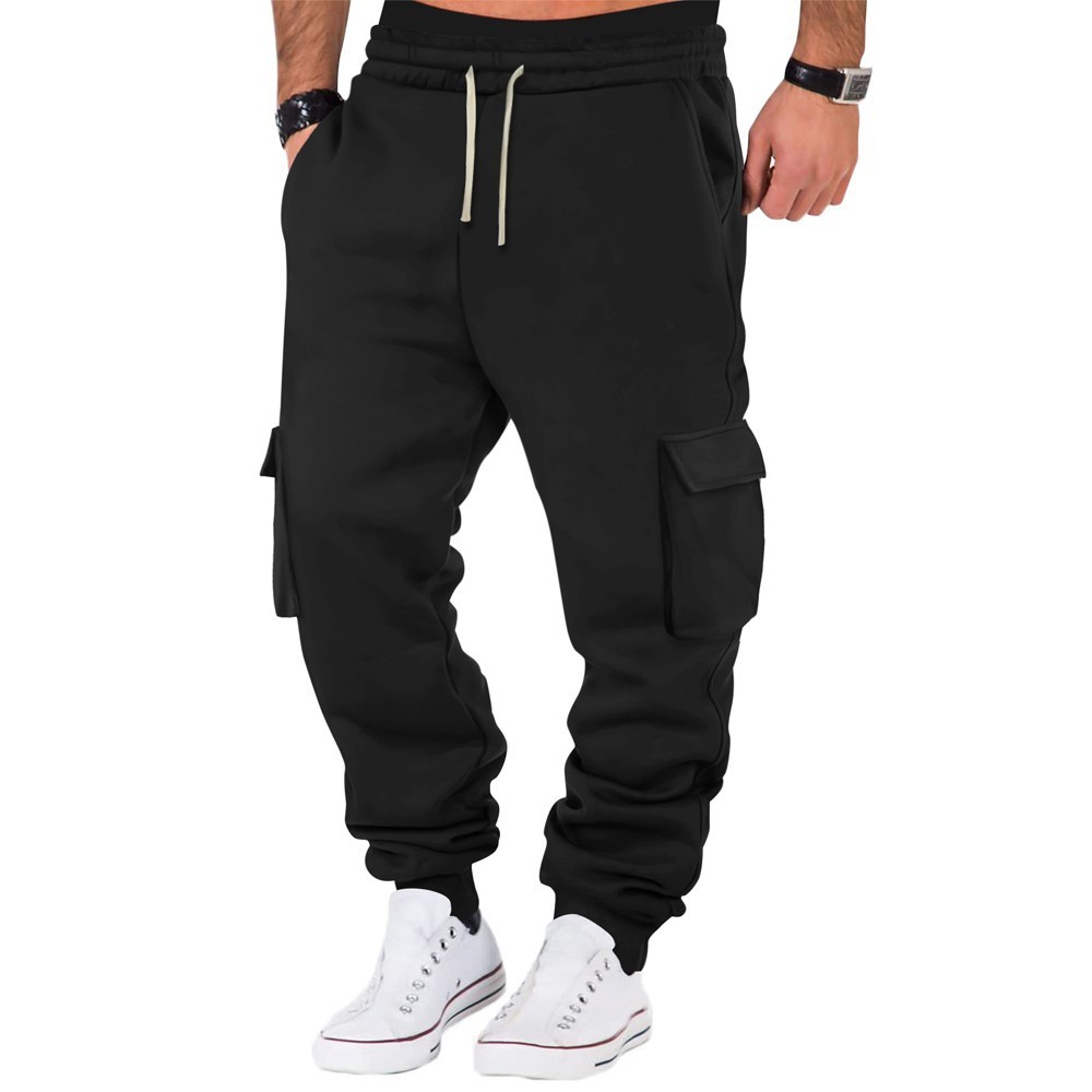 Spring Fall Men’s Cargo Joggers Soft Fleece Sweatpants Multi-Pockets Drawstring