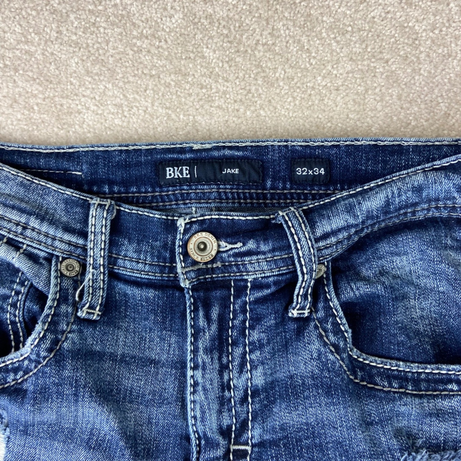 BKE Jake Jeans Mens 32×34 Blue Distressed Bootcut Dark Wash Stretch Denim