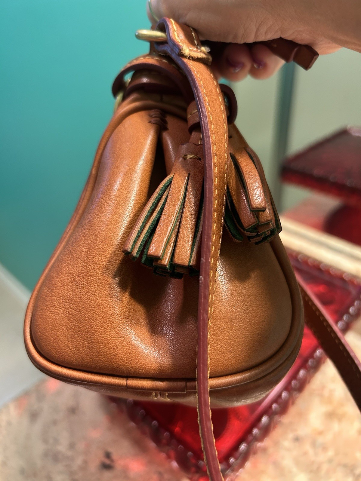 Dooney & Bourke Small Brown Satchel Top Handle Zip Tassel Strap Gold Red
