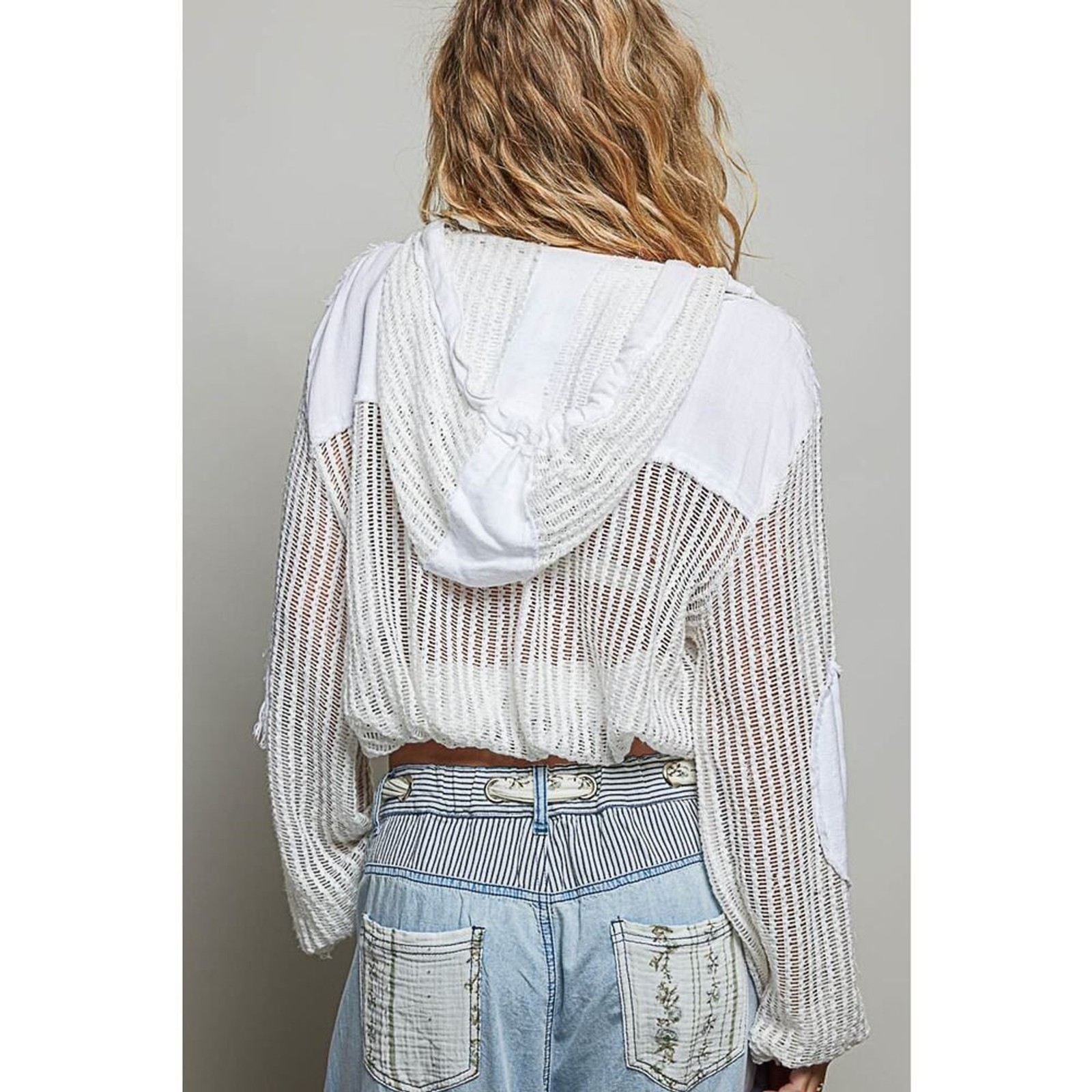 POL Open Knit Button Down Pocket Front Hooded Shirt Top