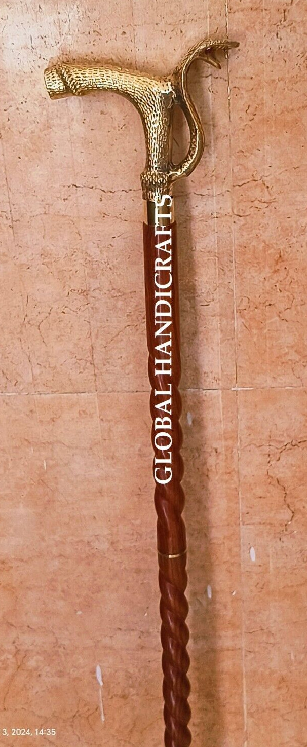 Nautical Brass Designer Snake Handle brown wooden SPIRAL curved walking stick